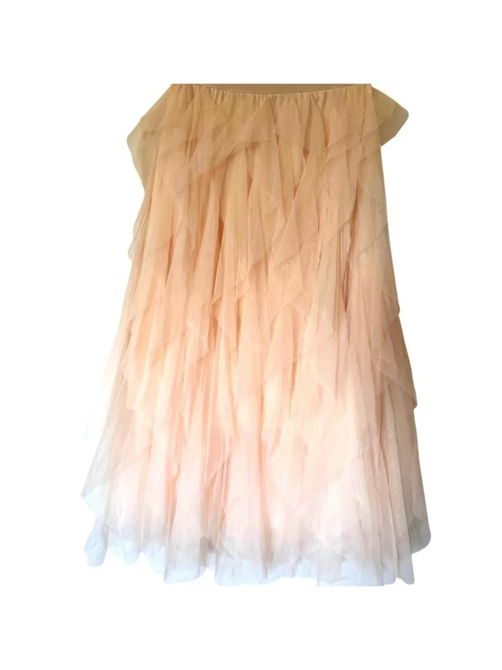 Creamy Peach Tulle Midi Skirt With Layered Ruffles Full Elastic Waistband